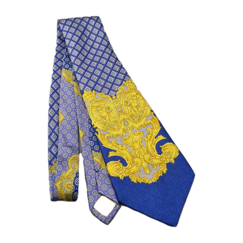 GIANNI VERSACE Blue Yellow Baroque Silk Tie Spain W: 3.8"